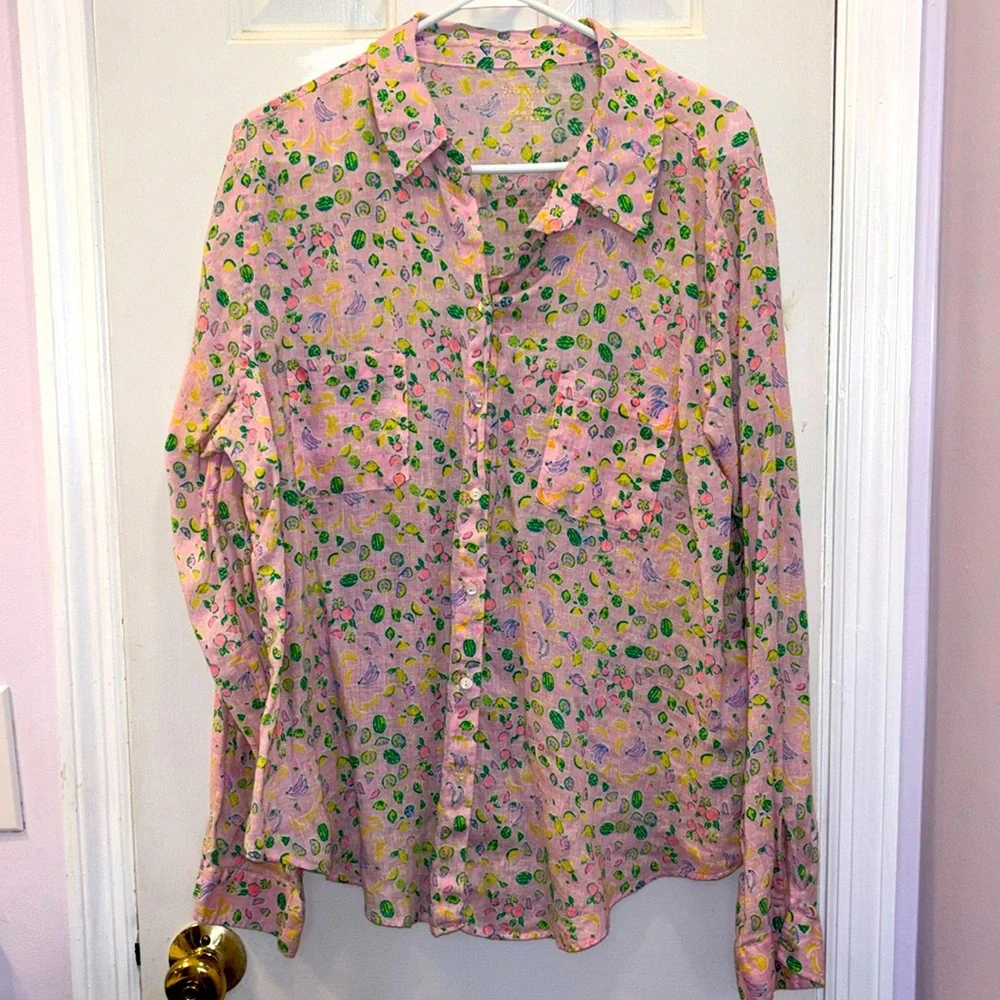 🍌 {XL} LILLY PULITZER Sea View Urchin Pink Lil Juicy Fruit 100% Linen Shirt - Picture 5 of 11